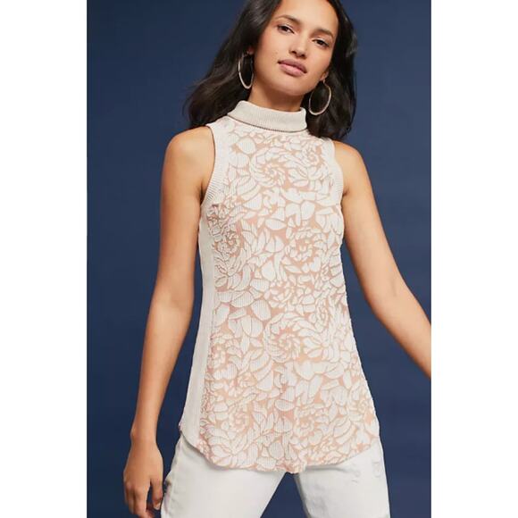 Anthropologie Meadow Rue Sleeveless Rose Turtleneck Top M Lightweight Stretchy - Picture 1 of 14